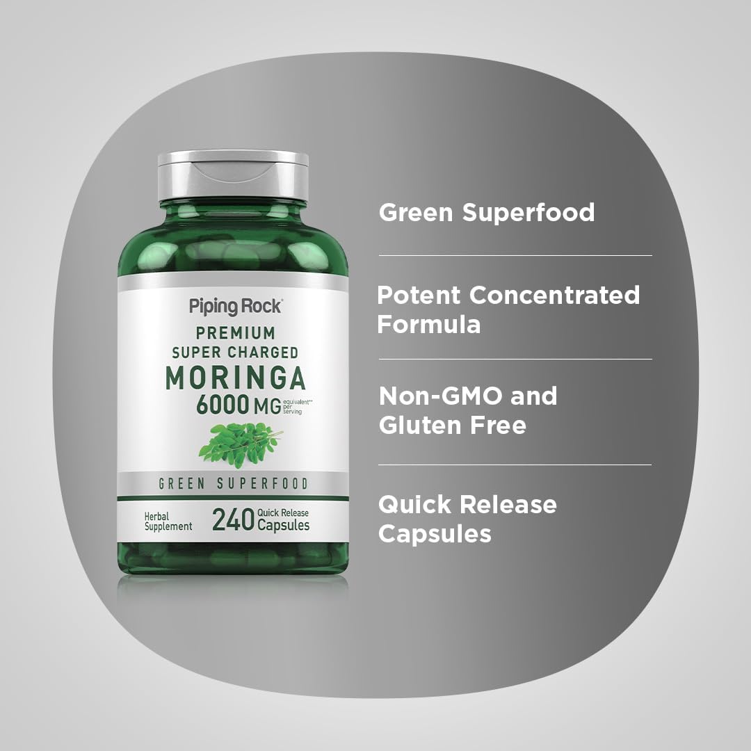 Piping Rock Moringa Oleifera - 240 Cápsulas - Extracto de Hoja de Alta Potencia - Sin OGM y Sin Gluten