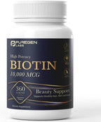 Puregen Labs Biotina 10.000 mcg – 360 Comprimidos Vegetarianos – Apoyo para Cabello, Piel y Uñas