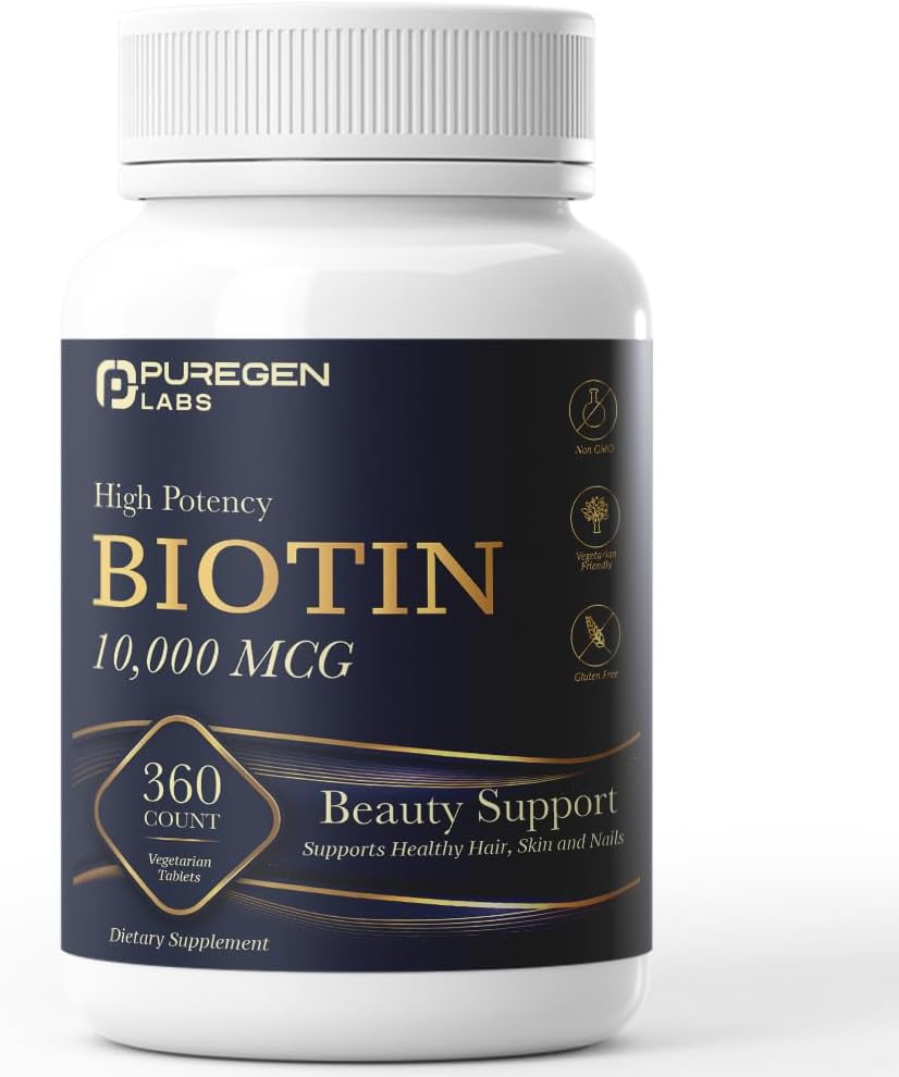 Puregen Labs Biotina 10.000 mcg – 360 Comprimidos Vegetarianos – Apoyo para Cabello, Piel y Uñas