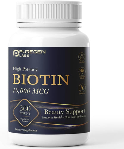 Puregen Labs Biotina 10.000 mcg – 360 – Alta potencia: 10.000 mcg por dosis en un formato de 360 comprimidos, – Image 1