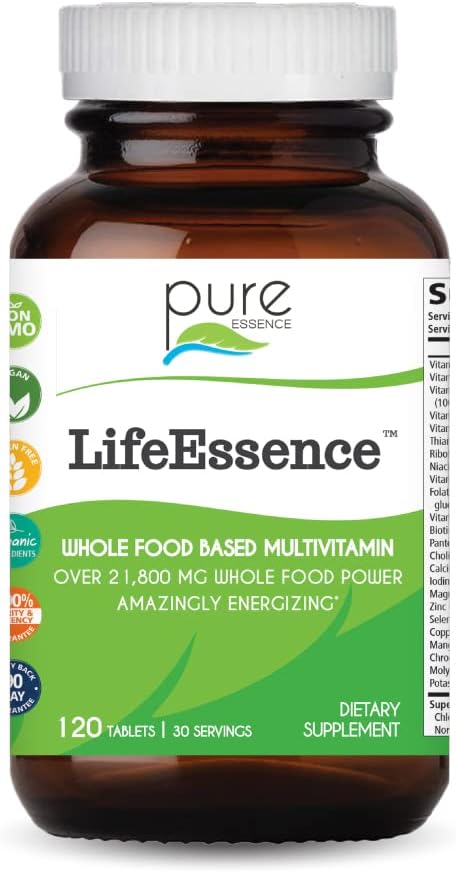 PURE ESSENCE LABS LifeEssence Multivitamin for Women and Men - Natural Herbal Supplement with Vitamin D, D3, B12, Biotin, and Whole Foods - 120 Tablets