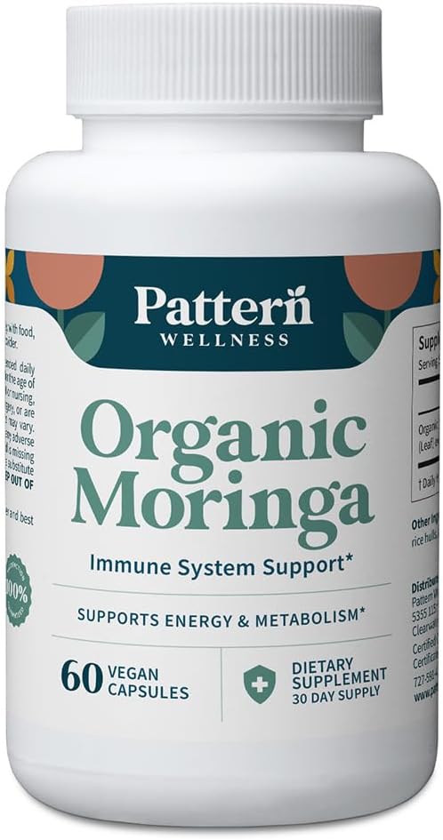 Pattern Wellness Moringa Oleifera Orgánica - 60 Cápsulas - Suplemento de Hoja Entera - Vegano, No OGM