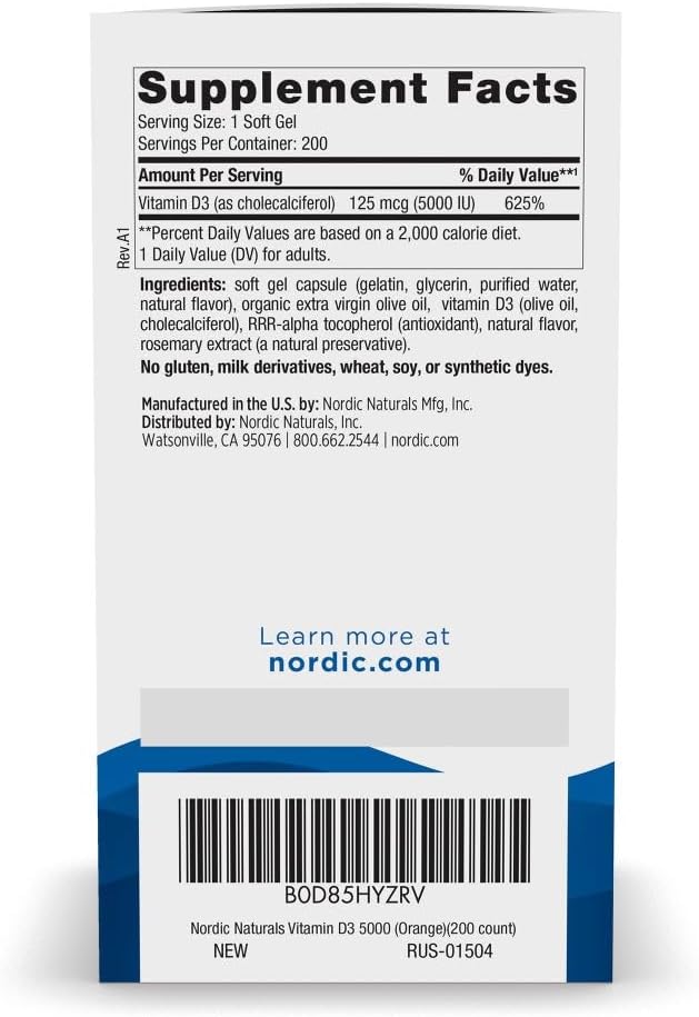 Nordic Naturals Vitamina D3 5000 UI, 200 Perlas Blandas Sabor Naranja - Vegetariano