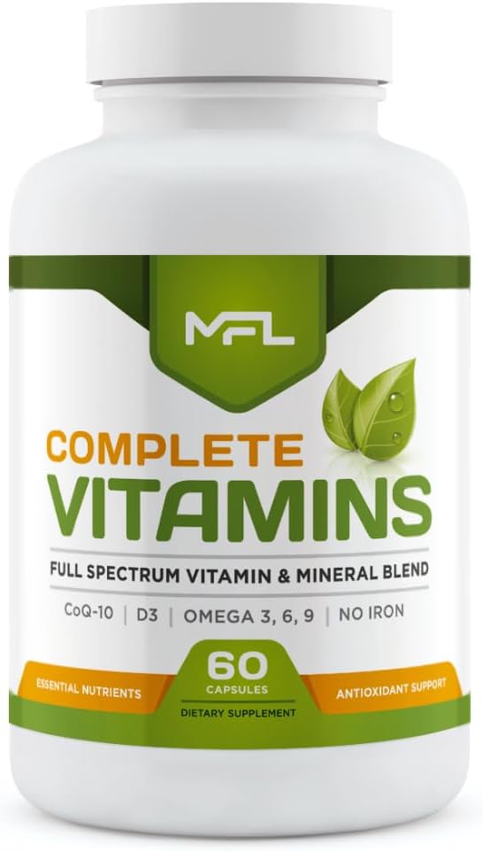 Complete Vitamins | Multivitamínico con Omega 3.6.9, CoQ-10 y Vitamina D3 | Sin Hierro | 60 Cápsulas