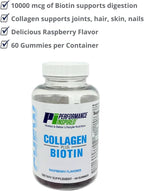PERFORMANCE INSPIRED Nutrition Collagen + Biotin Gummies – Hydrolyzed Marine Collagen – Supports Hair, Skin & Nails – Raspberry Flavor – 60 Count