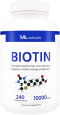 ML Naturals Biotina 10.000 mcg – 240 Cápsulas Vegetales – Contribuye al Cabello, Piel y Uñas Normales