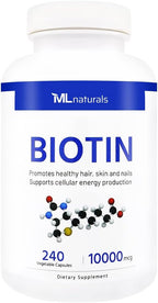 ML Naturals Biotina 10.000 mcg – 240 Cápsulas Vegetales – Contribuye al Cabello, Piel y Uñas Normales