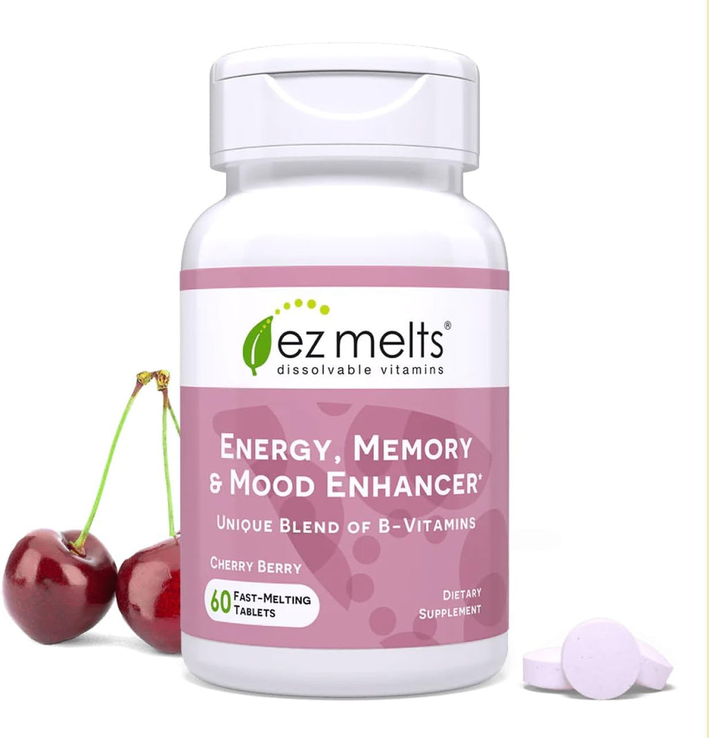 EZ Melts Energía, Memoria y Estado de Ánimo - Suplemento de Vitaminas B con Vitamina B12, B6, Folato y Biotina - Sin OMG y Vegano - Cherry Berry - 60 Comprimidos Bucodispersables (60 Dosis)