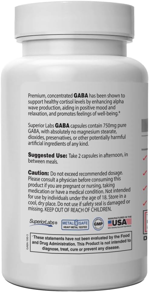 Suplemento GABA 750mg de Superior Labs - Ácido Gamma-Aminobutírico Puro