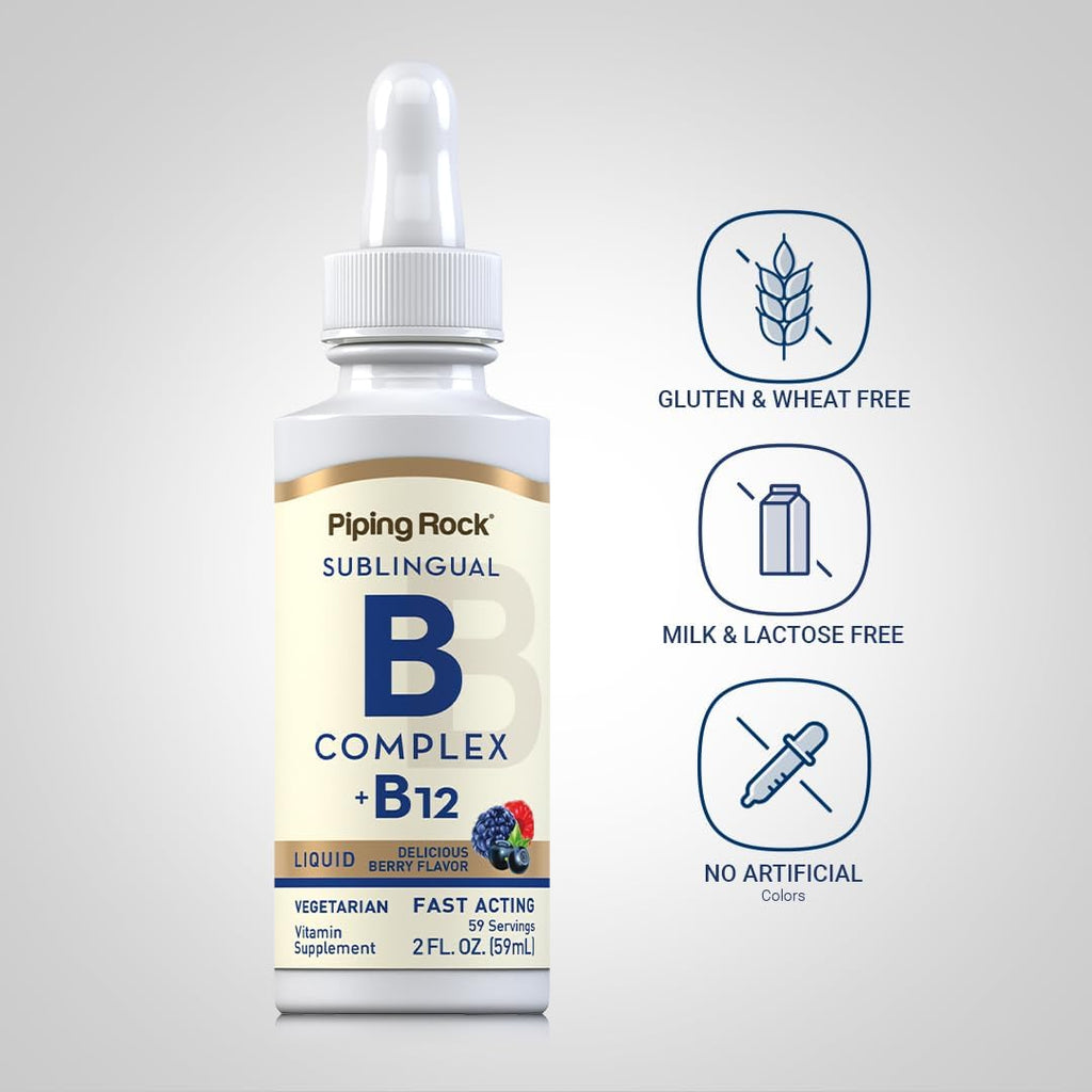 B Complex with B12 - Sublingual Drops (1200 mcg, 59 ml) - Berry Flavor | Piping Rock
