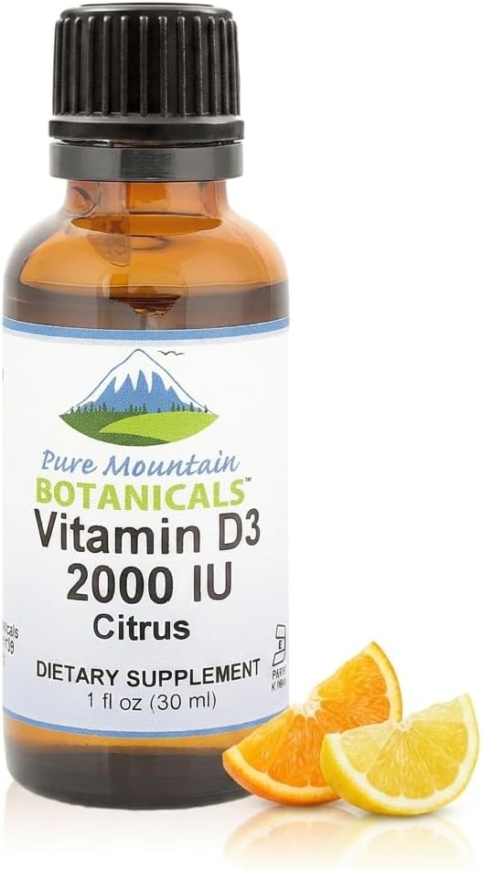 Pure Mountain Botanicals Vitamina D3 Líquida 2000 UI - Gotas con Sabor Natural a Naranja y Limón en Aceite MCT - 30 ml