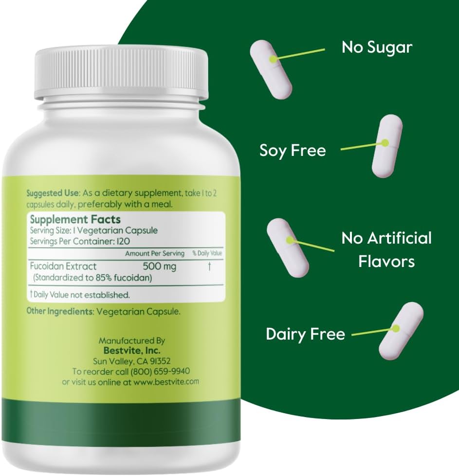 BESTVITE Fucoidan Extract 500mg (Estandarizado al 85% de Fucoidan) - 120 Cápsulas Vegetales