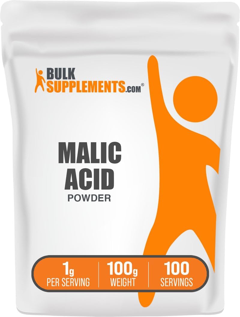 BulkSupplements.com Ácido Málico en Polvo - L-Ácido Málico, Suplemento Alimenticio - Grado Alimentario, Puro y Sin Gluten, 1g por Ración, 100g