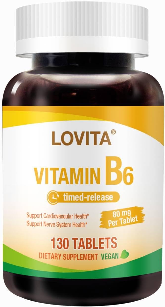 LOVITA Vitamin B6 (Clorhidrato de Piridoxina) 80mg, Liberación Prolongada 8 Horas, 130 Comprimidos Veganos
