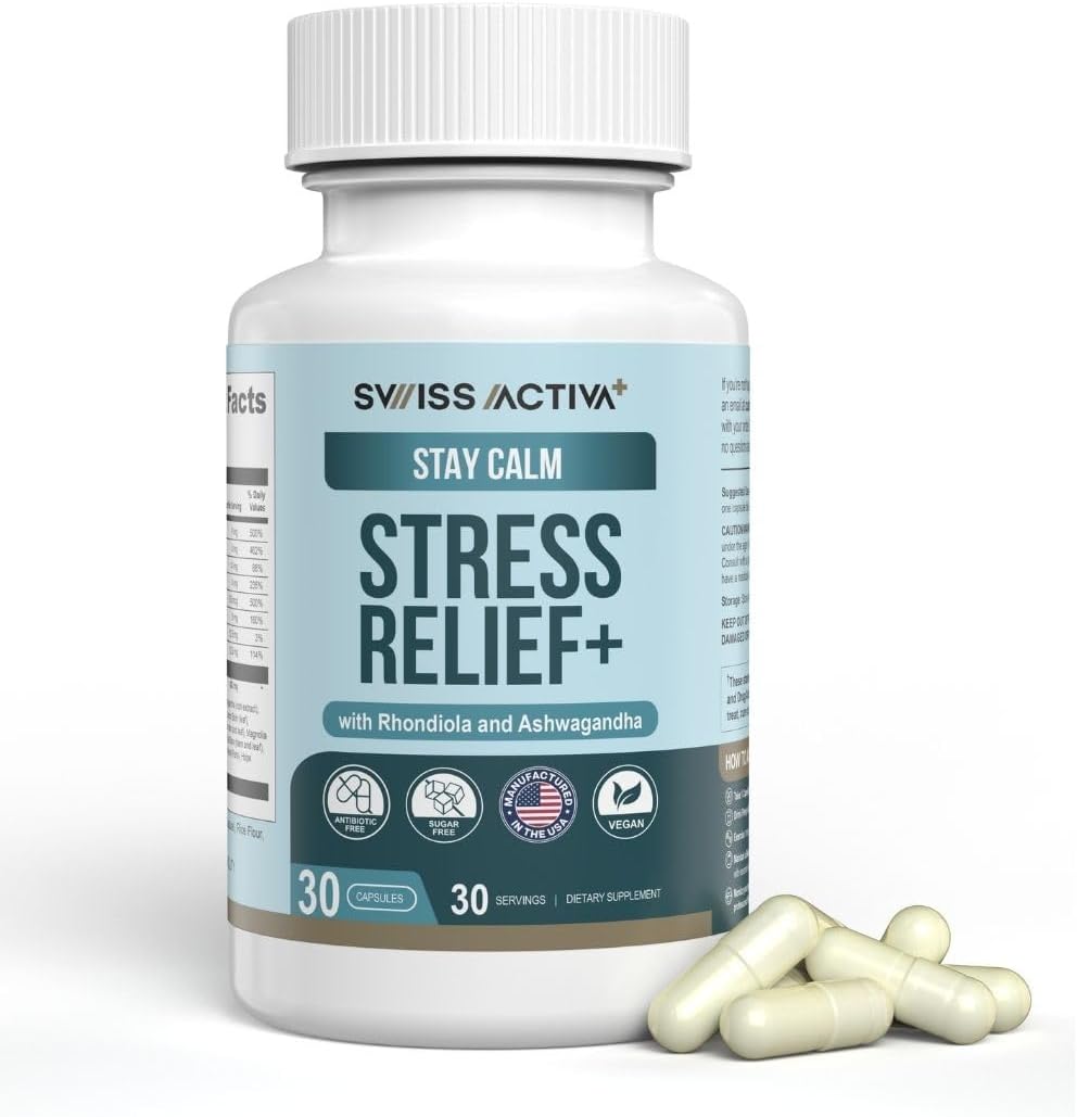 Swiss Activa+ Suplemento para el Estrés y la Calma con Ashwagandha, Rhodiola, GABA y L-Theanina - 30 Cápsulas