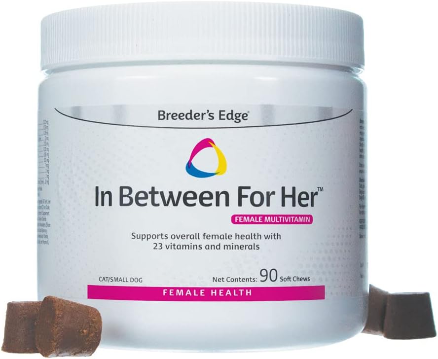Breeder's Edge In Between for Her, Suplemento multivitamínico diario para perros y gatos reproductores, 90 comprimidos para gatos y perros pequeños