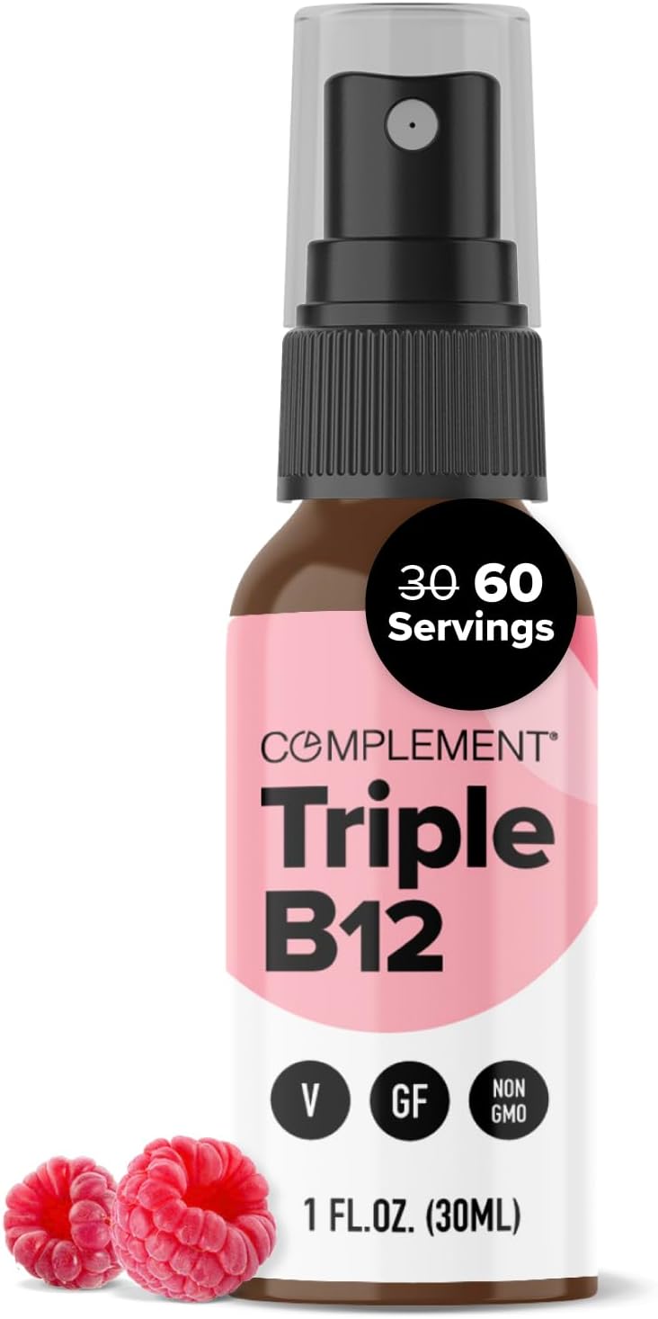 Complement Vegan Vitamin Triple B12 Liquid Spray - 1500 mcg B12 para Energía, Estado de Ánimo, Sistema Nervioso, Función Cognitiva para Niños y Adultos - Mezcla de Frambuesa Complejo B (60 Servicios)