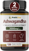PRATIC LINE Ashwagandha Cápsulas 3000 mg - 120 Cápsulas Veganas con Polvo y Extracto de Raíz Orgánica. Sin Gluten. Hecho en EE. UU.