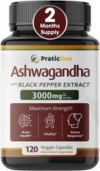 PRATIC LINE Ashwagandha Cápsulas 3000 mg - 120 Cápsulas Veganas con Polvo y Extracto de Raíz Orgánica. Sin Gluten. Hecho en EE. UU.