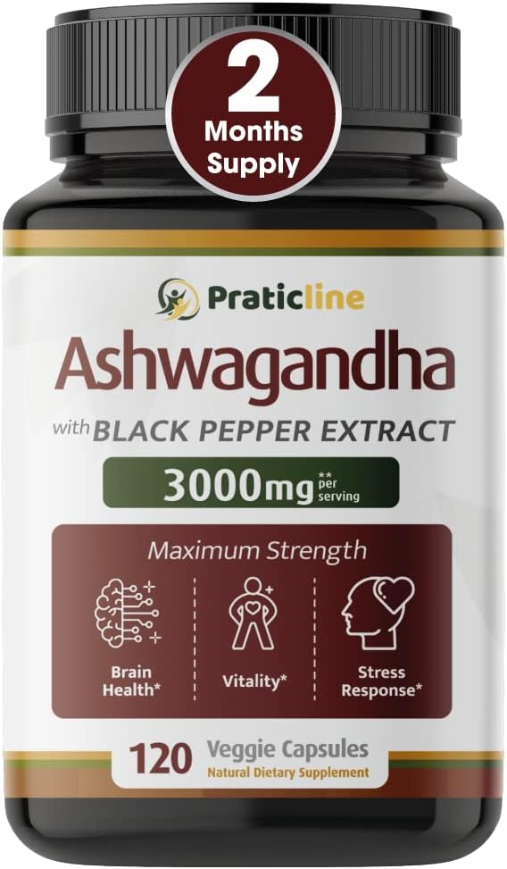 PRATIC LINE Ashwagandha Cápsulas 3000 mg - 120 Cápsulas Veganas con Polvo y Extracto de Raíz Orgánica. Sin Gluten. Hecho en EE. UU.