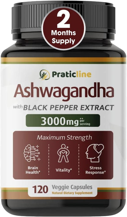 PRATIC LINE Ashwagandha Cápsulas 3000 mg - 120 Cápsulas Veganas con Polvo y Extracto de Raíz Orgánica. Sin Gluten. Hecho en – Image 1