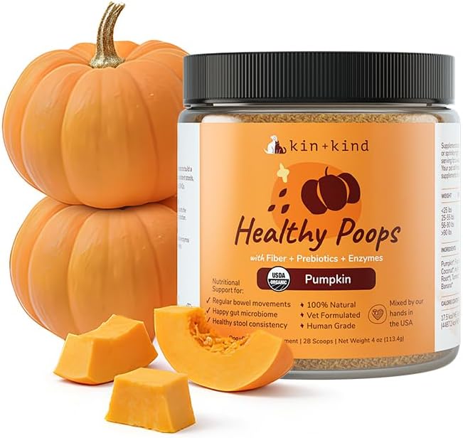 kin+kind Healthy Poops – Polvo de Calabaza Orgánico para Perros y Gatos – Prebiótico – Paquete de 3 (3 x 227 g)