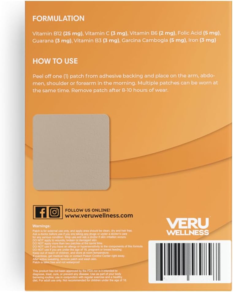 Veru Wellness B12 Energy Patch - Parche de Vitamina B12 con Garcinia (60 Parches)