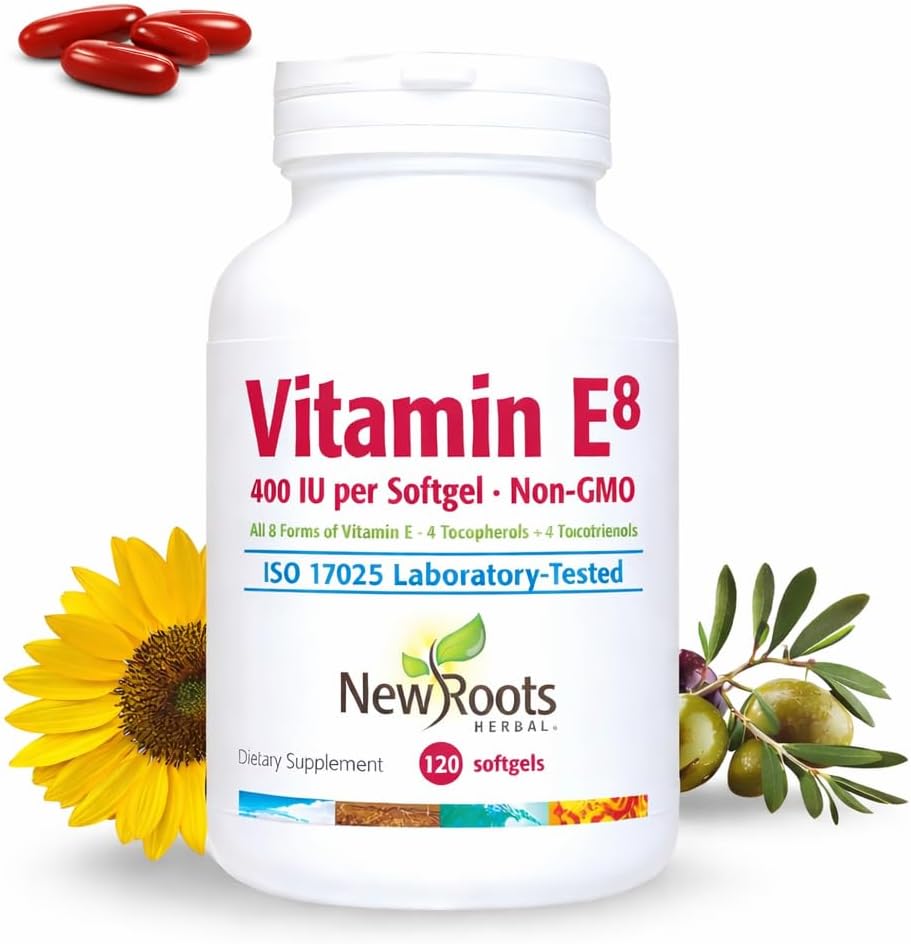 New Roots Herbal Vitamina E 400 UI con 8 Tocoferoles y Tocotrienoles, 120 Cápsulas Blandas