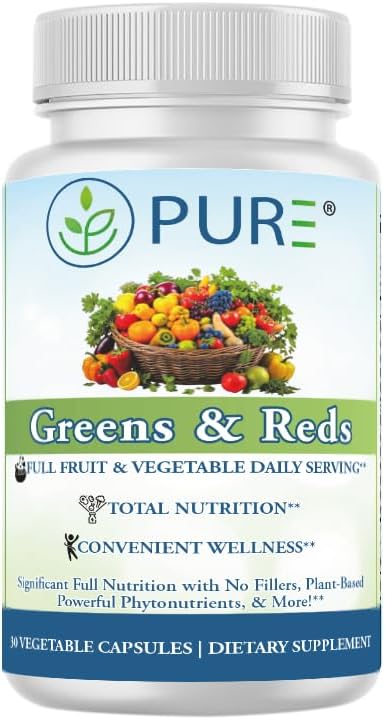 PURE® Greens & Reds Cápsulas - 30 Servicios - 9 Raciones Diarias de Frutas y Verduras en 1 Cápsula - Mezcla de Superalimentos PhytoServ® con Brócoli, Kale y Bayas - Escudo Fitonutriente de Base Vegetal