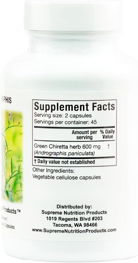 Supreme Nutrition Andrographis, 90 Cápsulas Vegetarianas de Chiretta Verde Pura