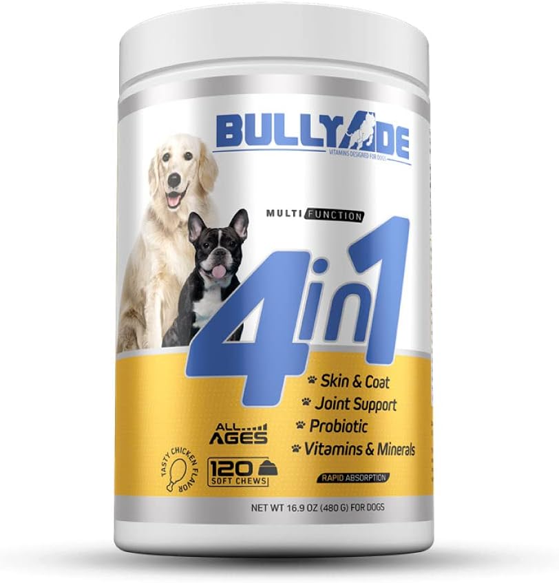 Bullyade 4 en 1 - Probiótico, Articulaciones, Piel y Pelaje, Multivitamínico Masticables Suaves para Perros, 480 g