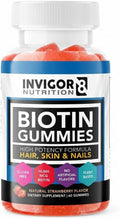 INVIGOR8 Biotin Gummies 10000mcg - Gominolas de Biotina para Cabello, Piel y Uñas - 60 Gominolas de Fresa - Vegano, Kosher, Halal