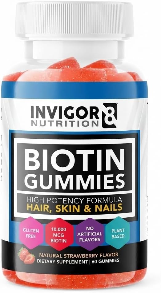 INVIGOR8 Biotin Gummies 10000mcg - Gominolas de Biotina para Cabello, Piel y Uñas - 60 Gominolas de Fresa - Vegano, Kosher, Halal