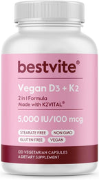 BESTVITE Vitamina D3 5000 UI + K2 100 mcg MK-7 (120 Cápsulas Vegetarianas) - Vegano - Sin Estearatos - No GMO - Sin Gluten