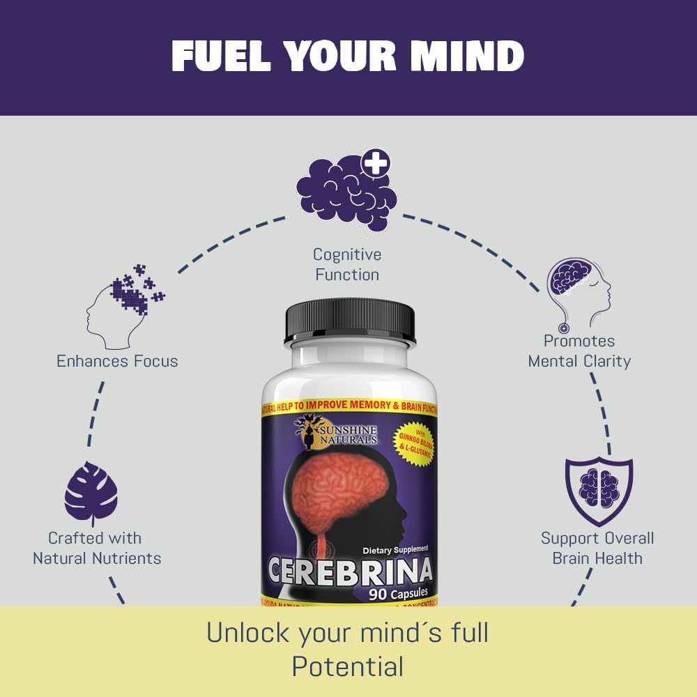 Sunshine Naturals Cerebrina con Ginkgo Biloba y L-Glutámico – 90 Cápsulas – Fórmula de apoyo cognitivo para adultos