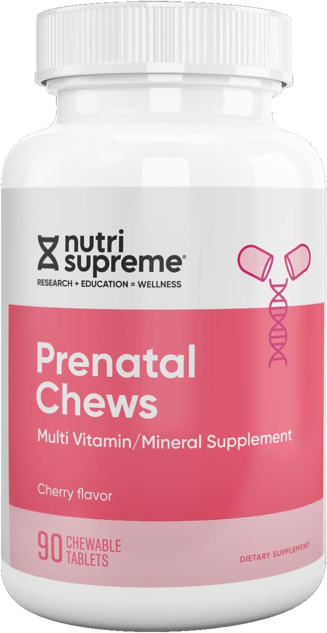 Nutri Supreme Vitaminas Prenatales Masticables – 800 mcg de Folato y Hierro – Sabor Cereza – 90 Comprimidos