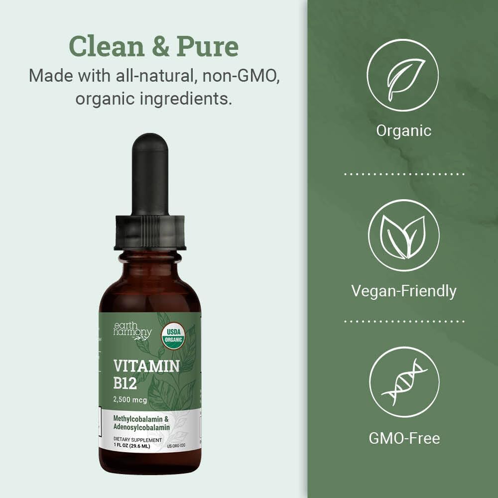 Earth Harmony Naturals Vitamina B12 Orgánica Vegana - 2500 mcg Metilcobalamina Líquido Sublingual - 30 ml