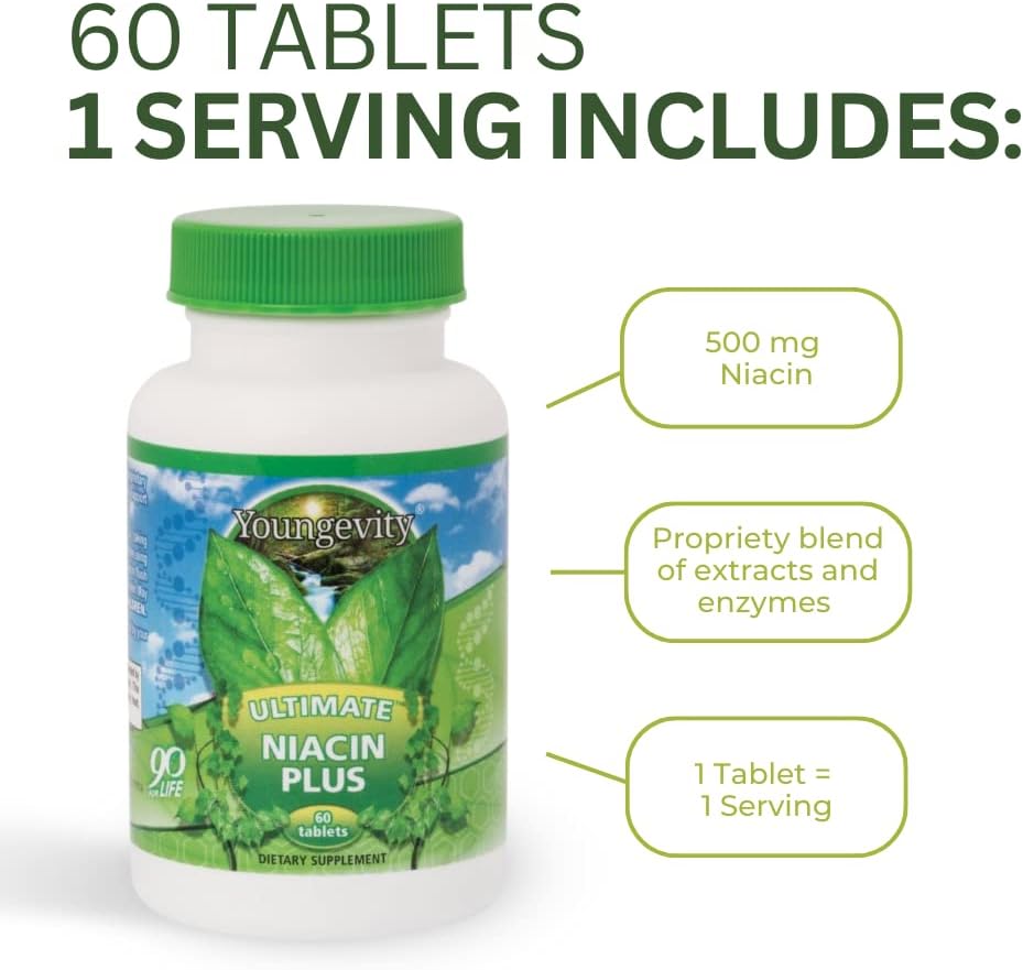 Youngevity Ultimate Niacin Plus™ 500 mg con Mezcla Exclusiva de Corteza de Arjuna, Bayas de Espino y Nattokinasa - 60 Comprimidos
