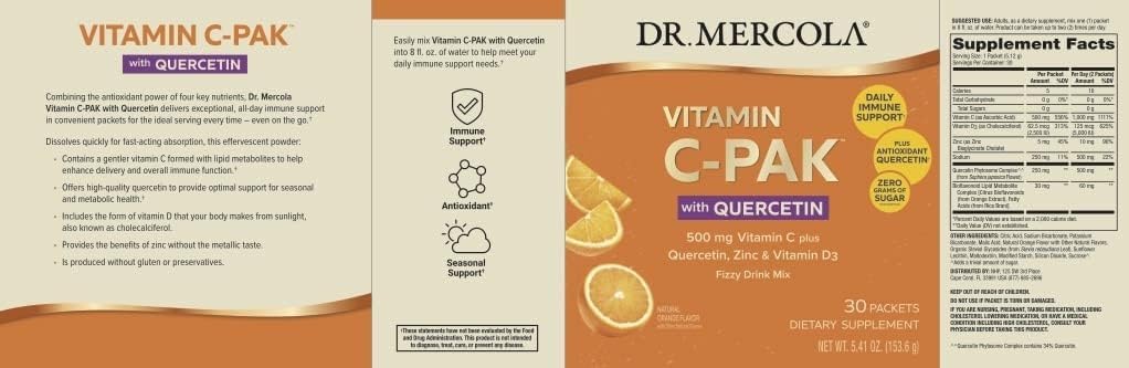 Dr. Mercola Vitamin C-PAK con Quercetina - Apoyo Inmunitario Diario - Zinc y Vitamina D3 - Sin Gluten - Sabor Naranja Efervescente - 30 Sobres