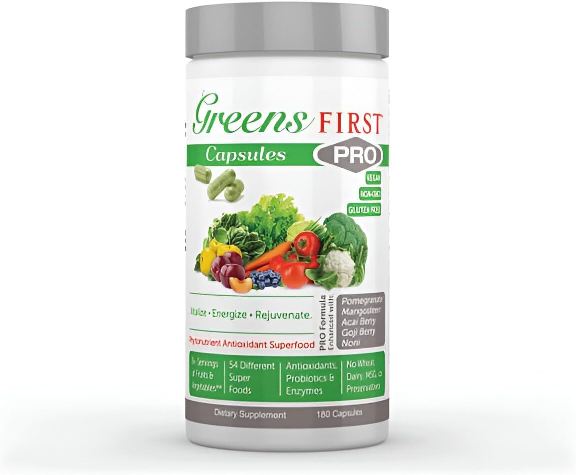 Greens First Cápsulas de Fitonutrientes - 49 Superalimentos Ricos en Antioxidantes con Frutas y Verduras Orgánicas, Prebióticos, Probióticos y Enzimas Digestivas - 180 Cápsulas