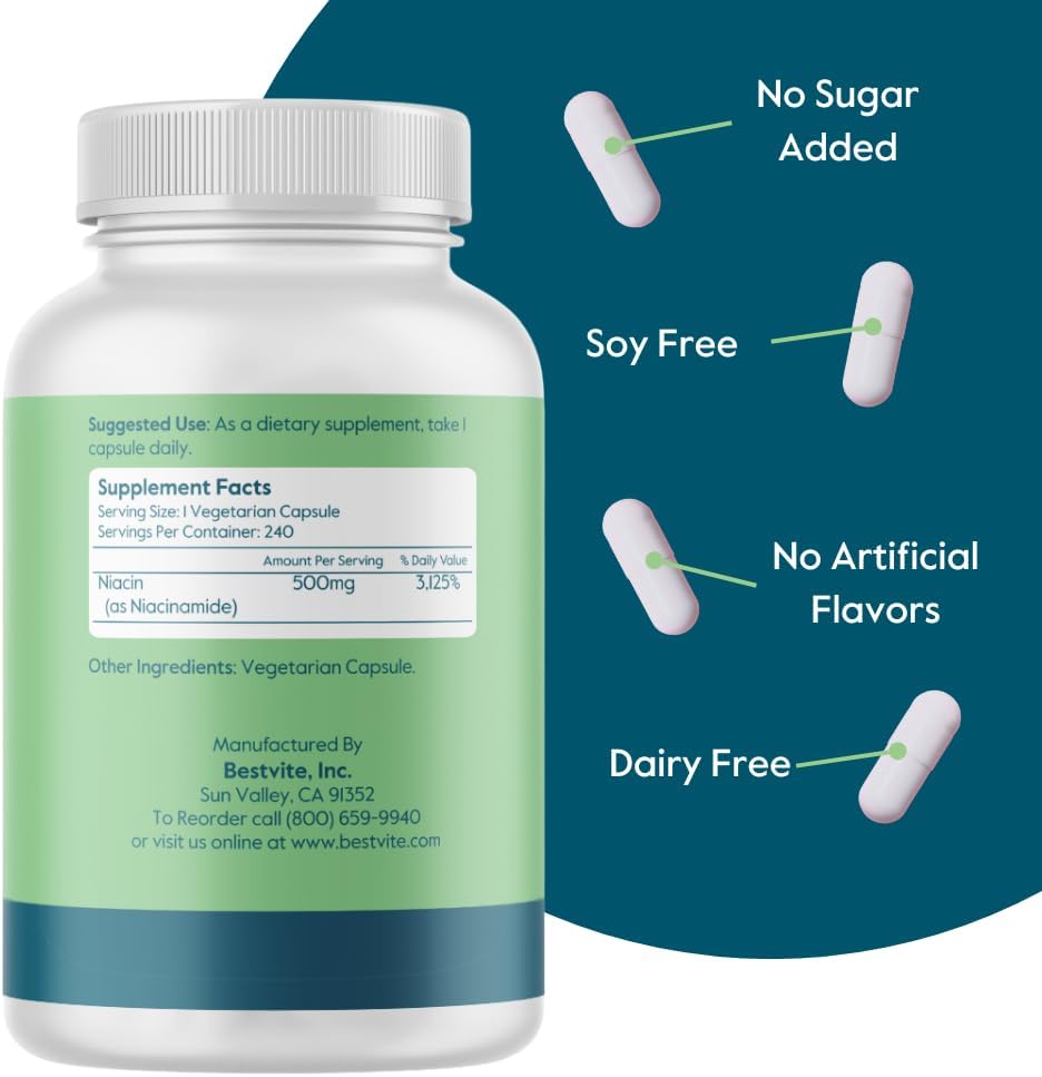 BESTVITE Niacinamida 500mg sin excipientes - 240 Cápsulas - Vitamina B3 sin efecto rubor
