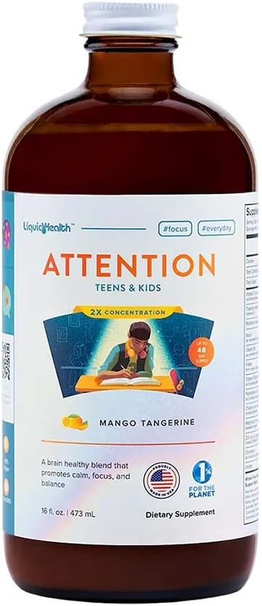 LIQUIDHEALTH Attention, Multivitamínico Líquido para Niños y Adolescentes - Sabor Mango-Mandarina, Vegano, Sin Azúcar (Pack de 2)