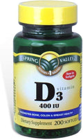 Spring Valley - Vitamina D-3 400 UI, 200 Cápsulas Blandas