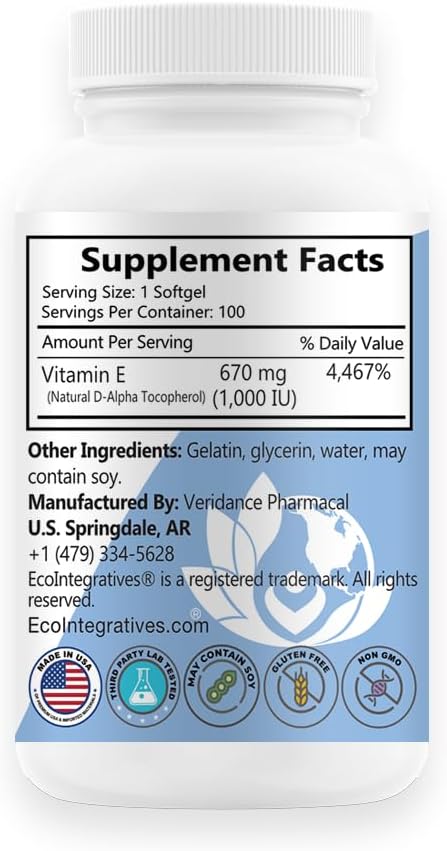 EcoIntegratives E-1,000 iu All Natural Forms of Vitamin E Mixed Tocopherols - 100 Softgels