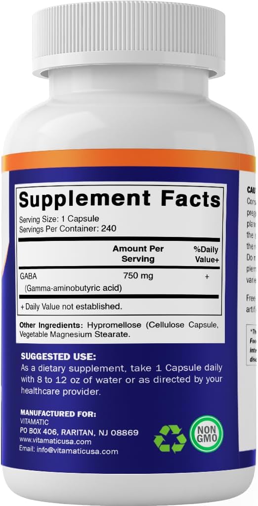 Vitamatic GABA (Ácido Gamma-Aminobutírico) 750mg, 240 Cápsulas Vegetales - No-GMO, Sin Gluten