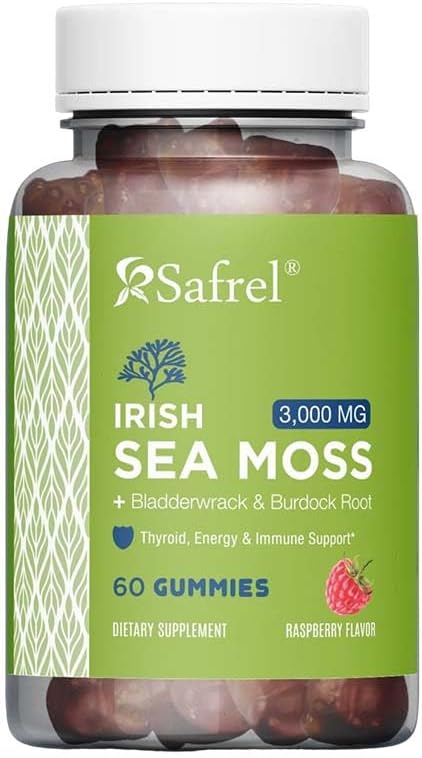 Safrel Gominolas de Musgo Marino Irlandés 3000mg con Bladderwrack y Raíz de Bardana - 60 Gominolas Veganas Sabor Frambuesa