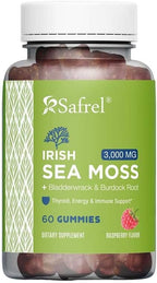 Safrel Gominolas de Musgo Marino Irlandés 3000mg con Bladderwrack y Raíz de Bardana - 60 Gominolas Veganas Sabor Frambuesa