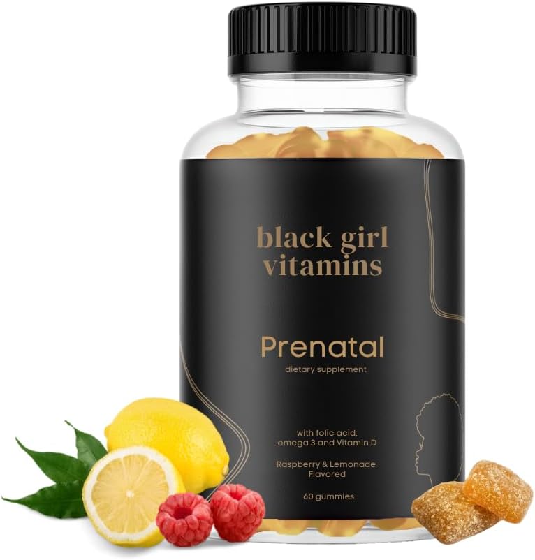 Black Girl Vitamins - Gominolas Prenatales para Mujeres con Folato, Sin Gluten, Sabor Frambuesa-Limonada, 60 uds
