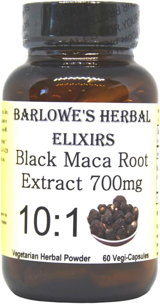 Barlowe's Herbal Elixirs Black Maca | Peruvian Maca Root Extract | 700 mg per Capsule | 60 Vegetable Capsules (Vegan, Kosher, Halal) | Glass Bottle | Third-Party Tested
