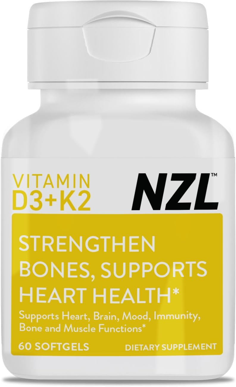 NZL Vitamina D3 & K2, Alta Potencia D3 2000UI y K2 (MK7) 80mcg, 60 Cápsulas Blandas Vegetarianas
